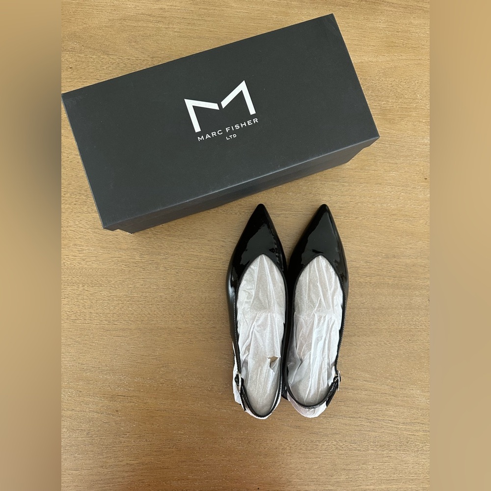 Marc Fisher Glossy Black Pointed Slingback Flats (Size 7)
